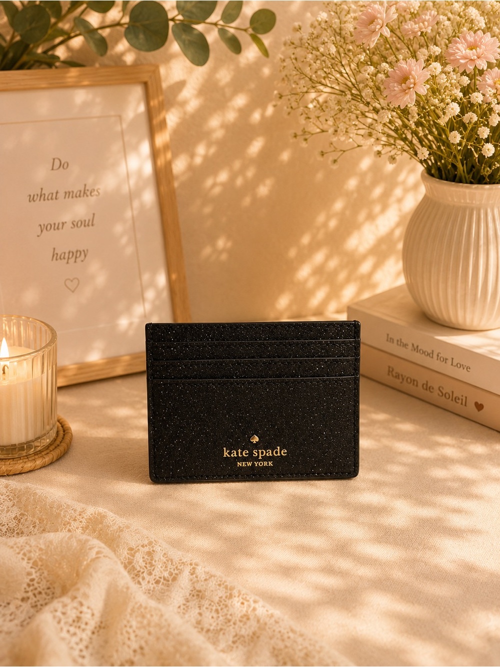 Kate Spade New York Black Glittery Cardholder Small Wallet Black Glitter EUC